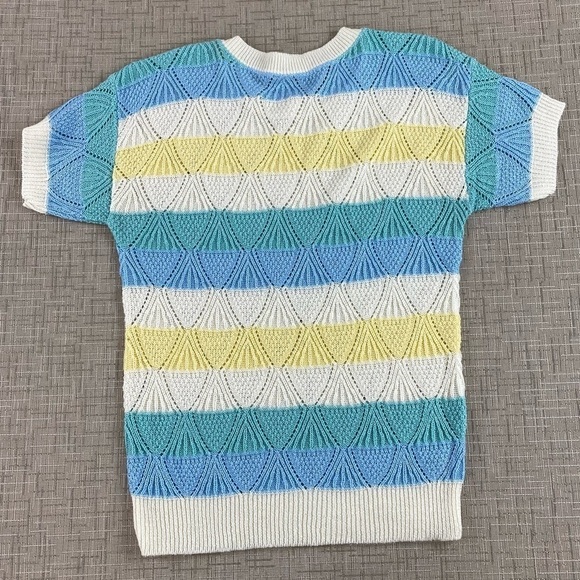 Vintage Lightweight Geometric Knit Striped Yellow Blue Shirt Sleeve Sweater Sz M - Picture 7 of 8